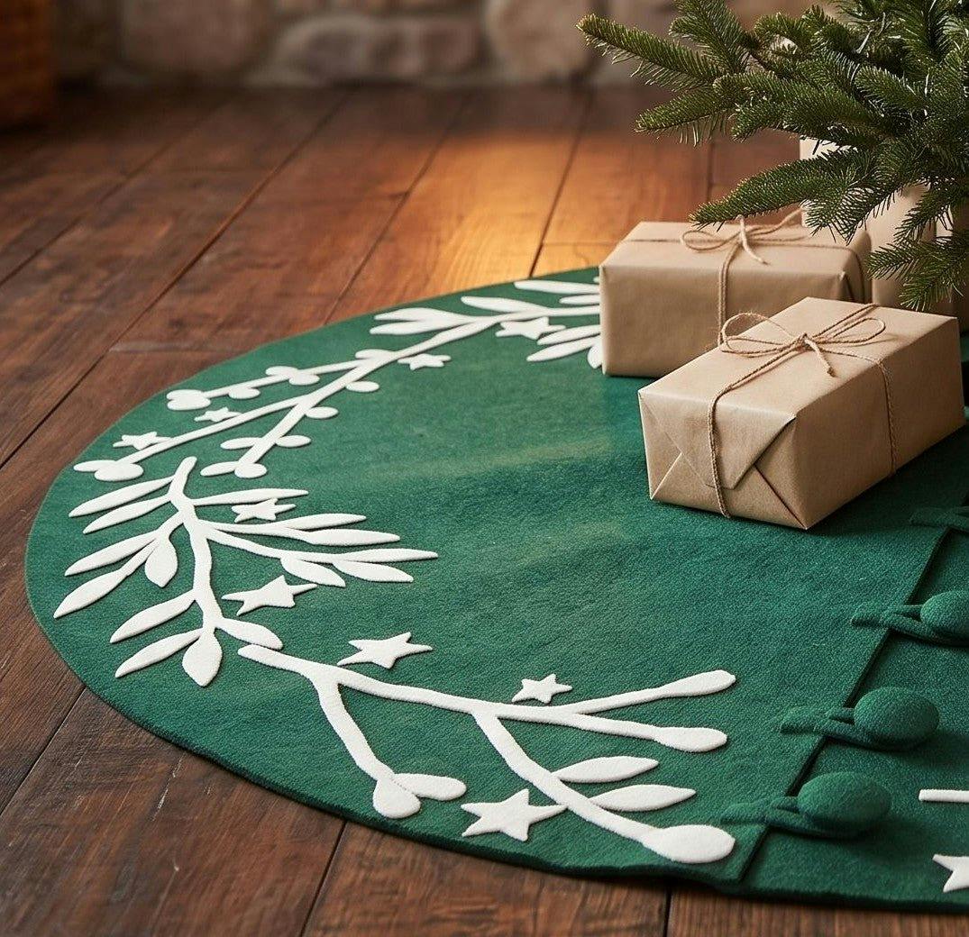 Handmade Felt Cream Branches and Stars Green Christmas Tree Skirt 60