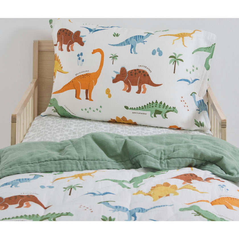 Cotton Muslin Toddler Bedding 3 Piece Set - Dino Names