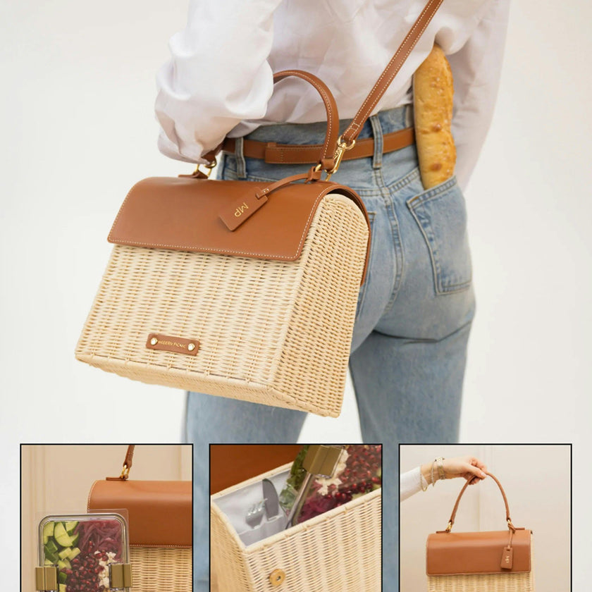 Medium Insulated Hand-Woven Wicker Lunchbox, Natural & Brown
