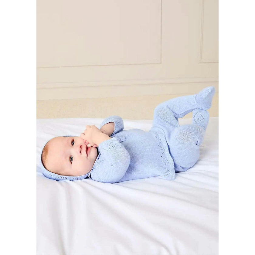 Diamond Openwork Three Piece Knitted Set in Light Blue (1-9mths)