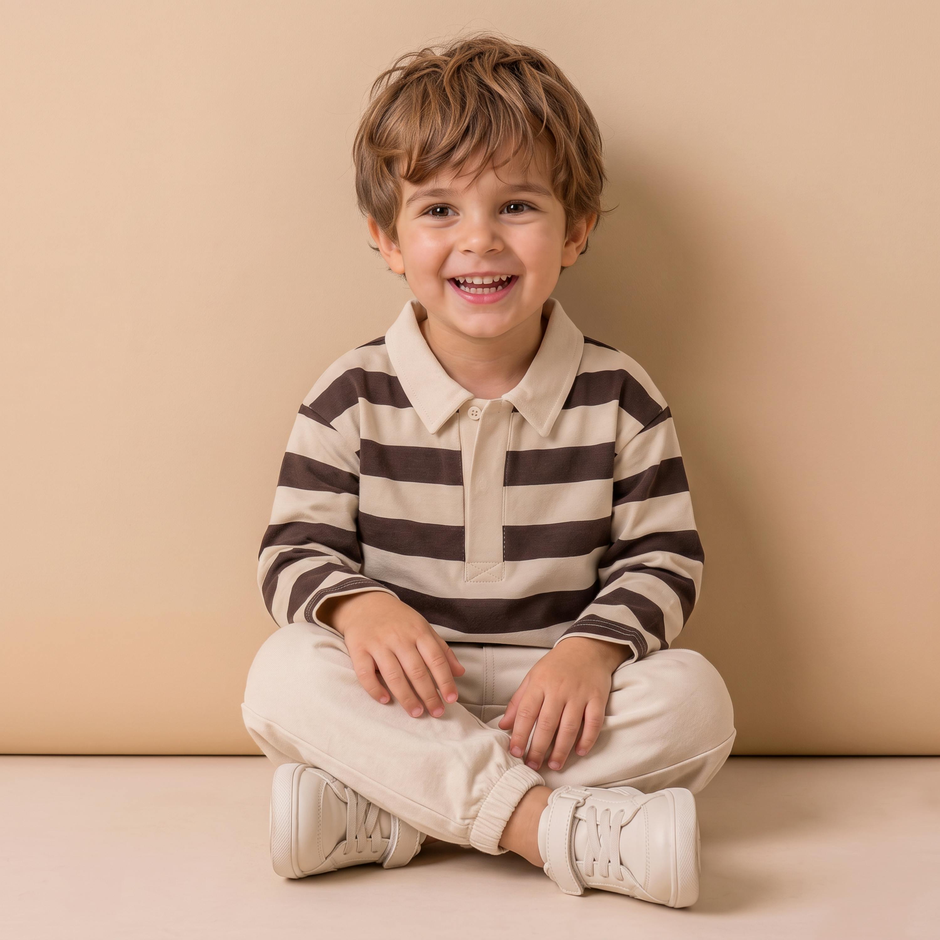 Organic Long Sleeve Polo - Mocha Stripe