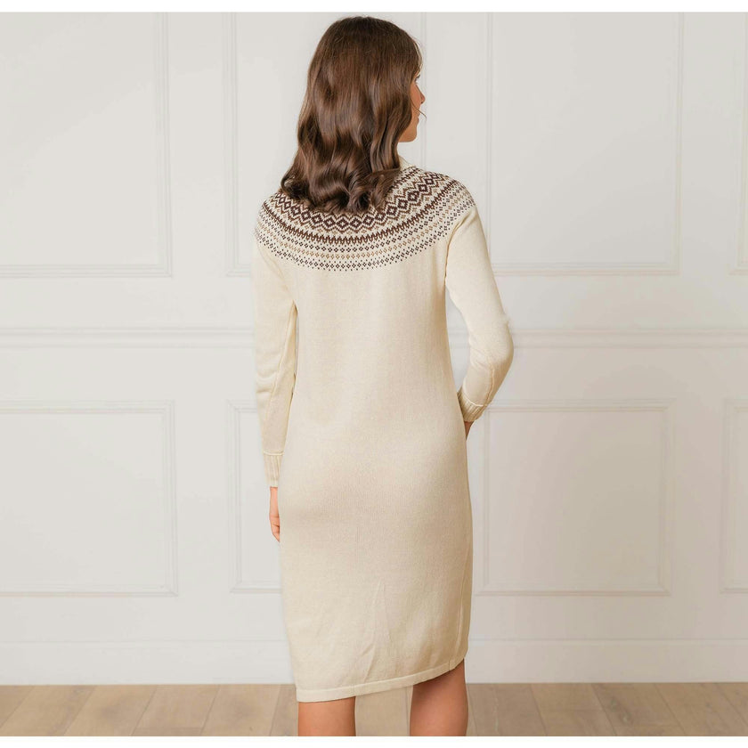 Organic Long Sleeve Turtleneck Intarsia Sweater Dress, White