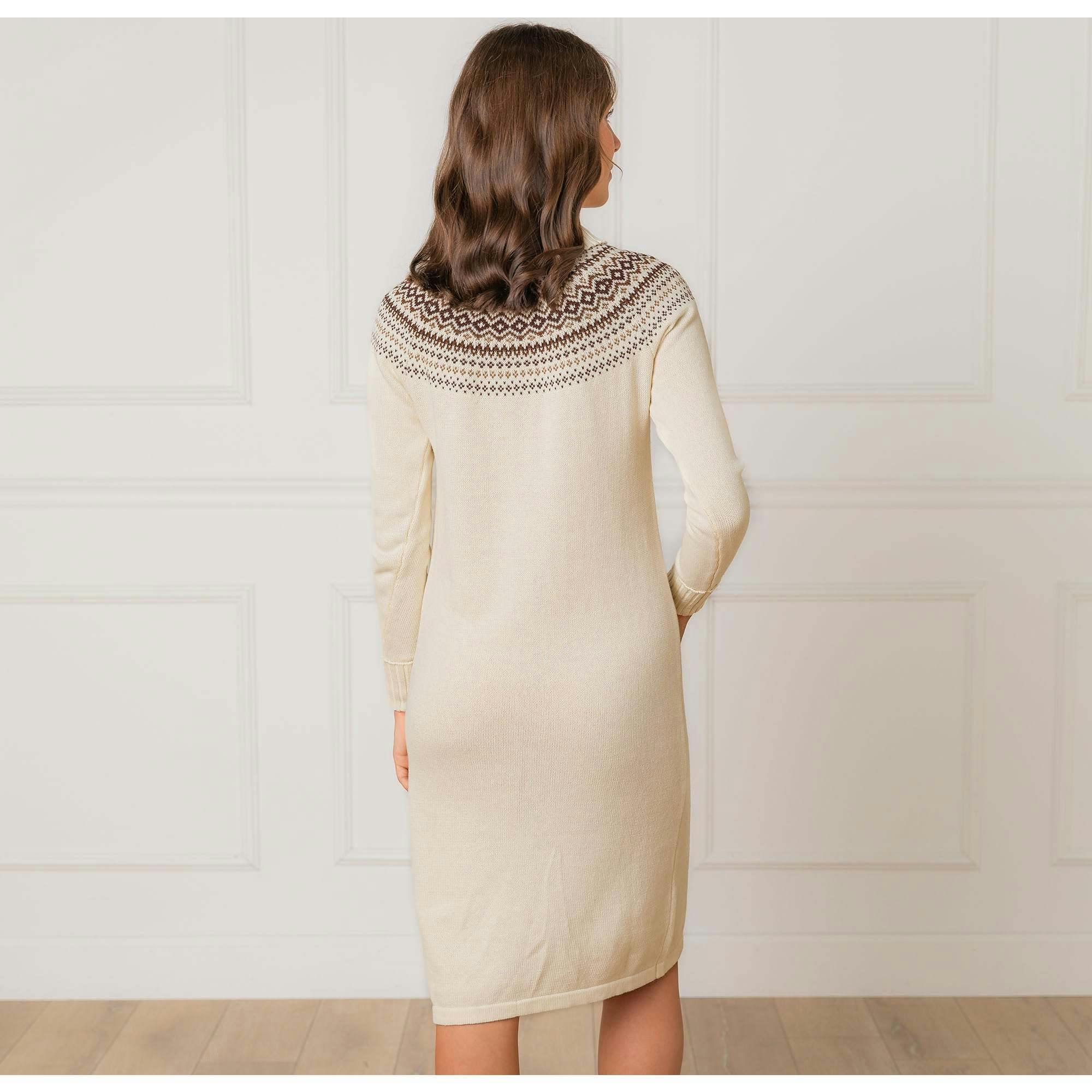 Organic Long Sleeve Turtleneck Intarsia Sweater Dress, White