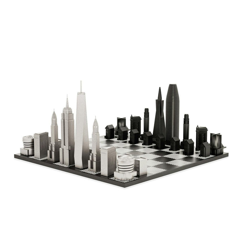 Chess Set Stainless Steel NEW YORK vs SAN FRANCISCO with B/W Hatch Board