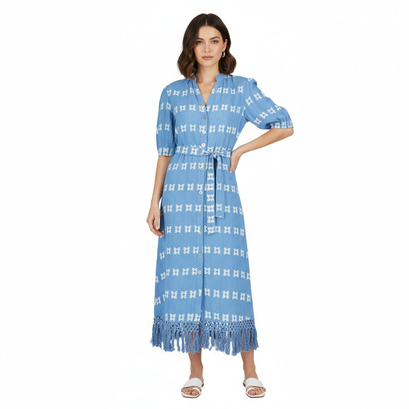 Estelle Womens Fringed Shirtdress Sky White Embroidery, Sky Blue