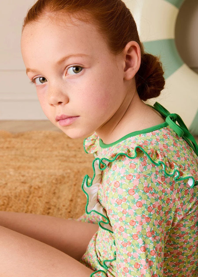 Annie Apple Print Ruffle Detail Long Sleeve Swimsuit in Green (12mths- 10yrs)