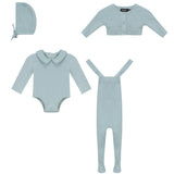 Knit Overall, Romper, Cardigan, and Bonnet Four Piece Set