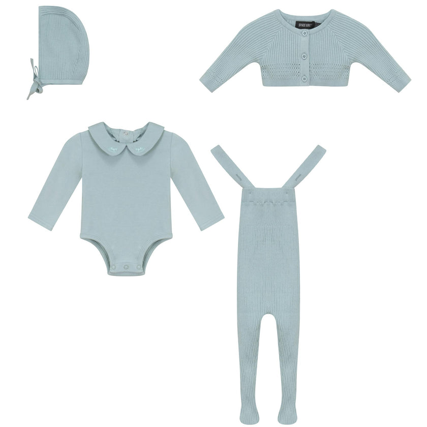 Knit Overall, Romper, Cardigan, and Bonnet Four Piece Set