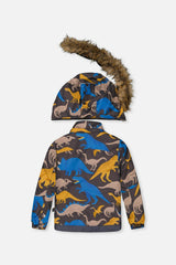 Two Piece Play Snowsuit Grey and Blue Dinosaur Print with Yellow Pants