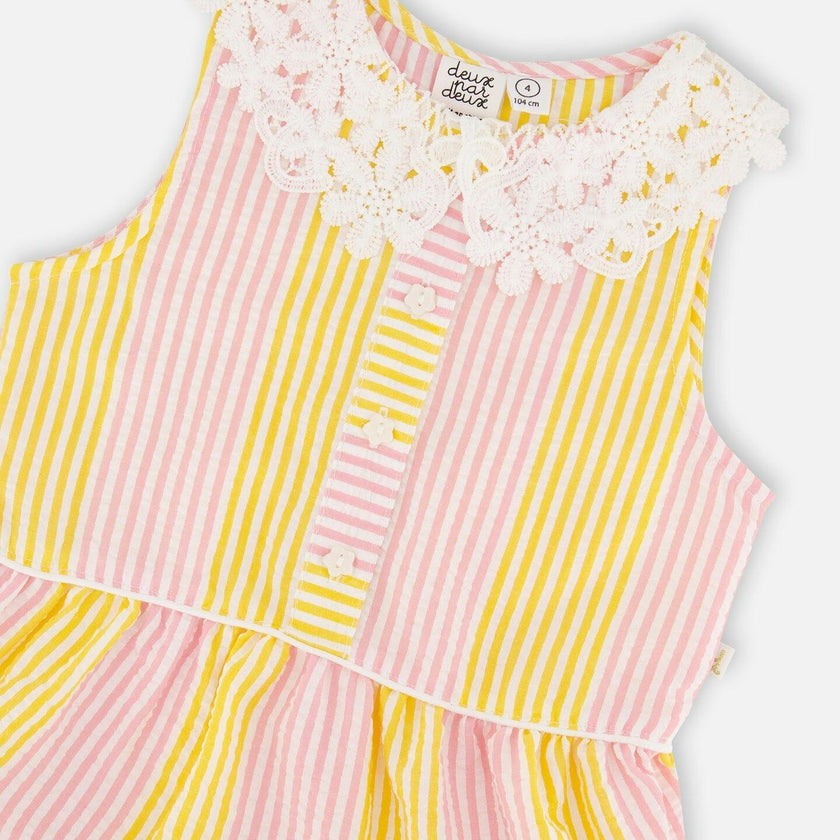 Sleeveless Dress With Crochet Peter Pan Collar Pink And Yellow Stripes