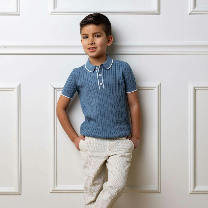 Organic Short Sleeve Sweater Polo with Tipping, Blue