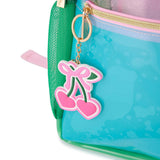 Colorblock Clear Backpack by Packed Party | Pink Glitter Panel, Blue Bow, Cherry Bag Charm | 17" Cute Backpack for Girls