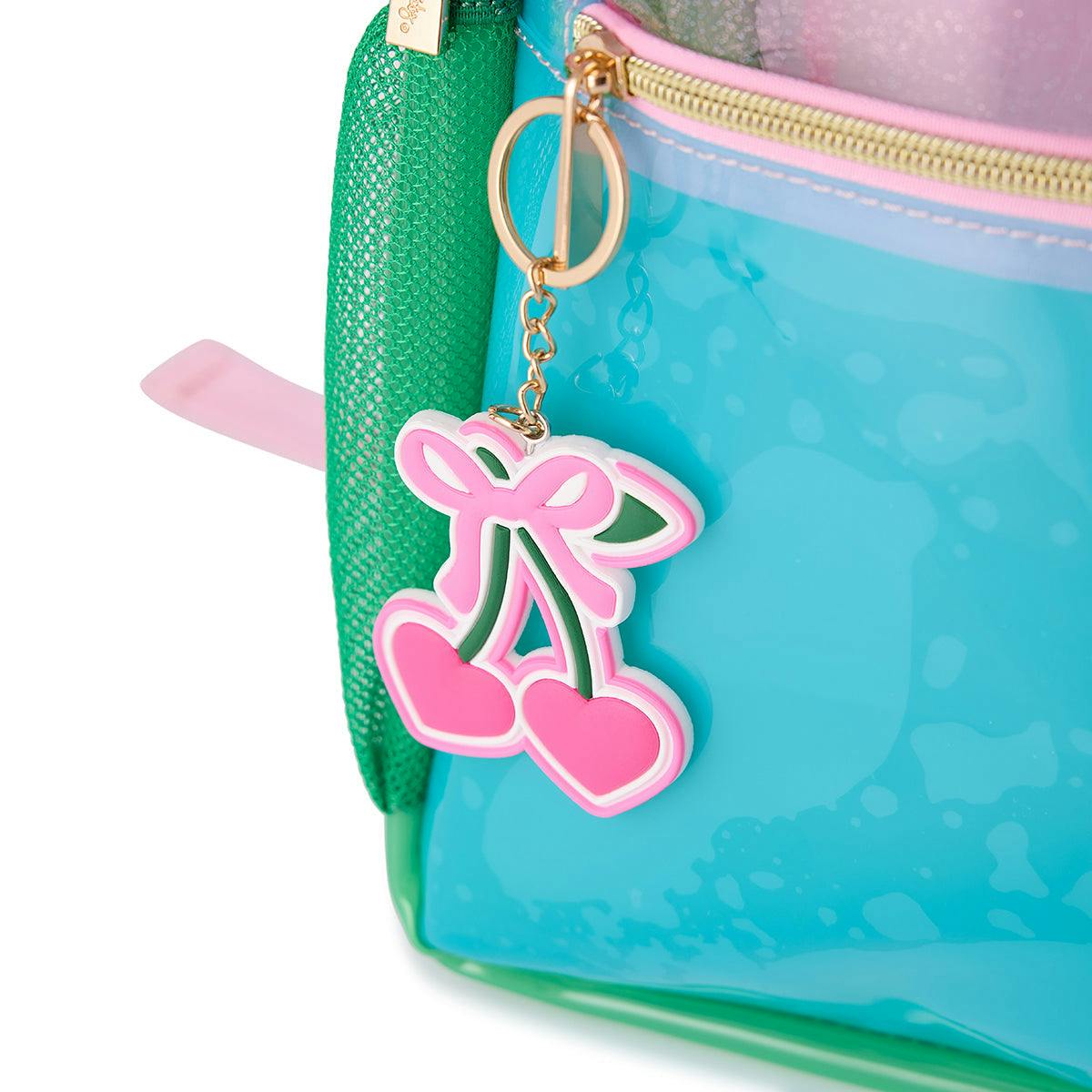 Colorblock Clear Backpack by Packed Party | Pink Glitter Panel, Blue Bow, Cherry Bag Charm | 17