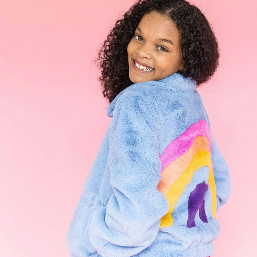 Rainbow Faux Fur Coat Baby Blue