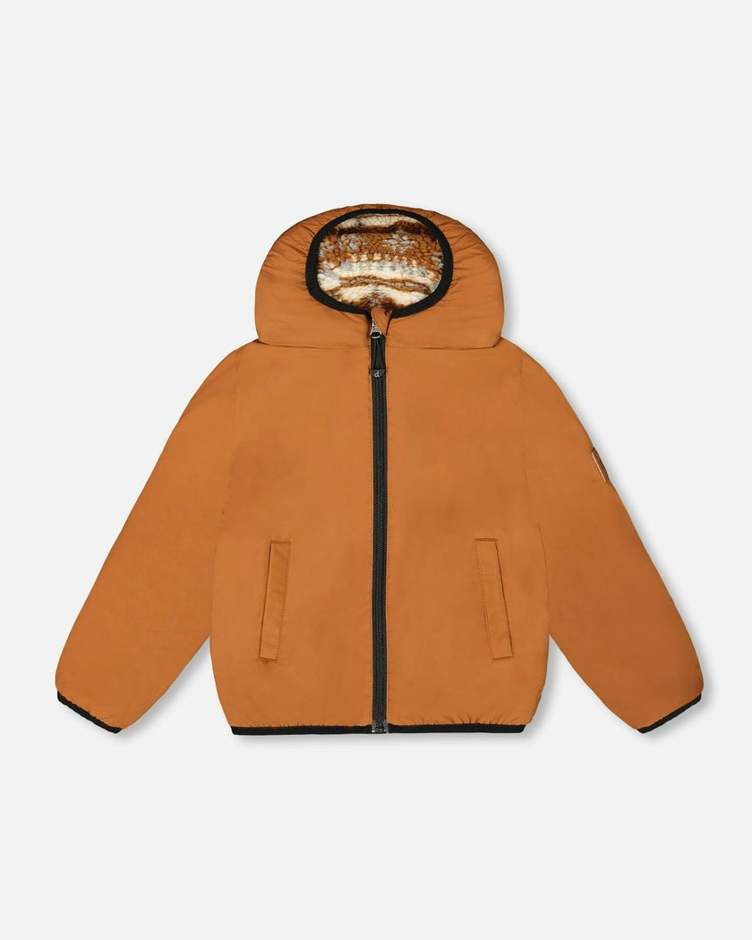 Reversible Mid-Season Sherpa Jacket Brown Aztec Pattern