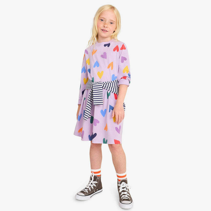 Kids long sleeve easy dress in rainbow hearts