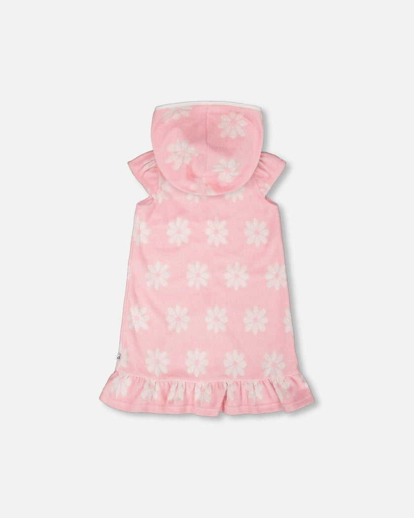 Terry Cloth Beach Hoodie Dress Pink Printed Flowers