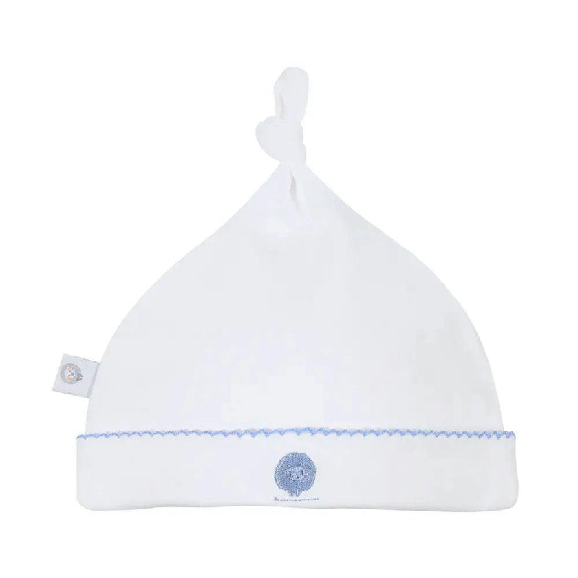White Basic Pima Cotton Newborn Hat w/ blue monogram