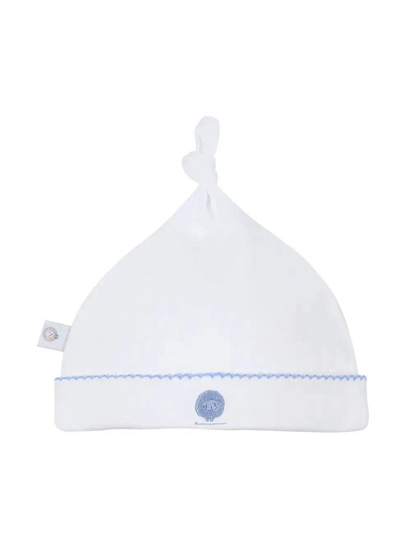 White Basic Pima Cotton Newborn Hat w/ blue monogram