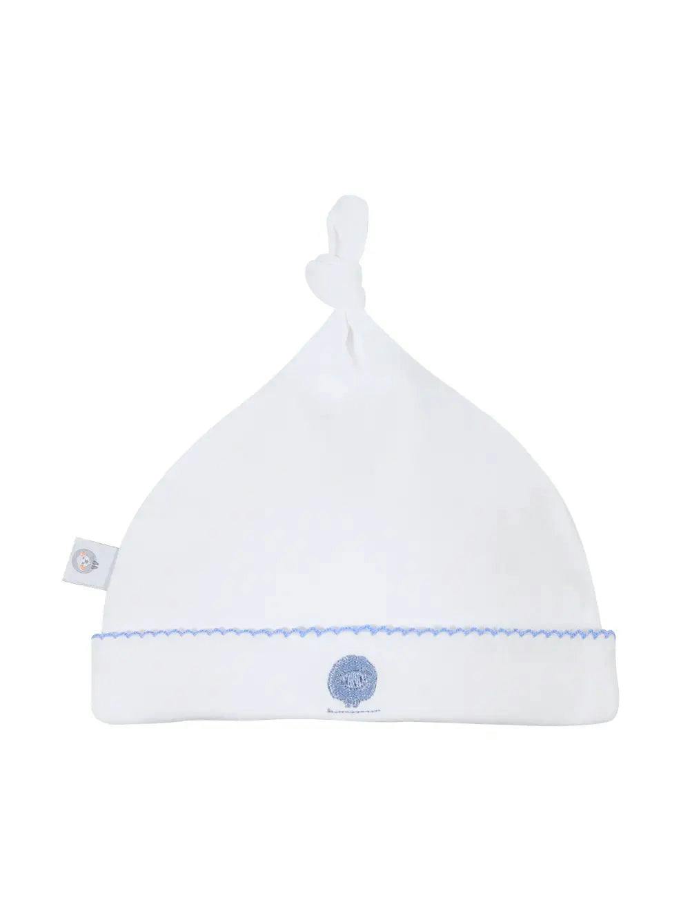 White Basic Pima Cotton Newborn Hat w/ blue monogram