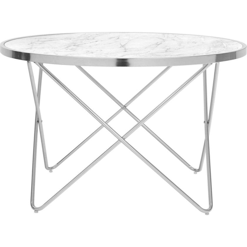 Margo Small 32 Inch Round Faux White Carrara Marble Coffee Table with Silver Metal Geometric Criss Cross Base and Legs