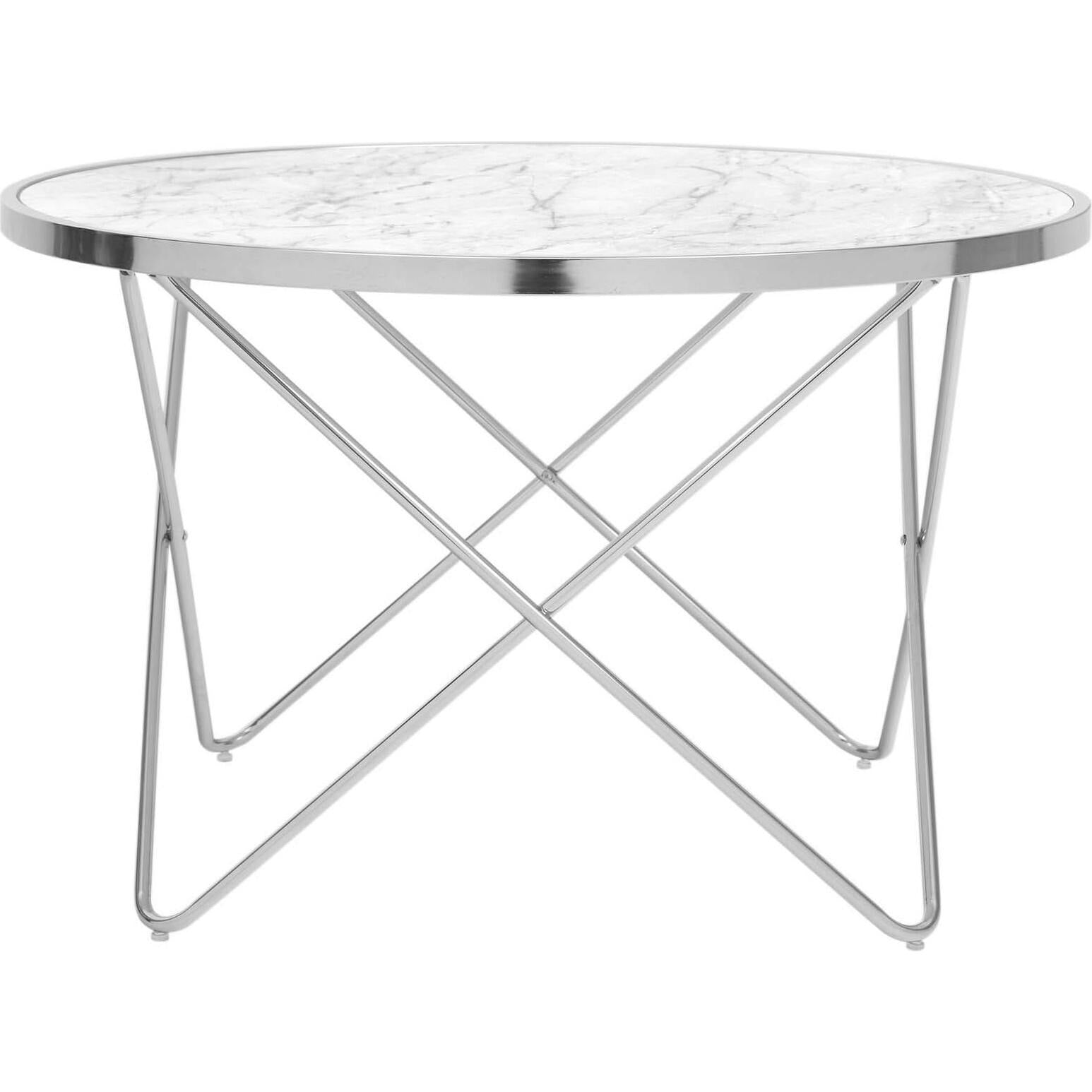 Margo Small 32 Inch Round Faux White Carrara Marble Coffee Table with Silver Metal Geometric Criss Cross Base and Legs