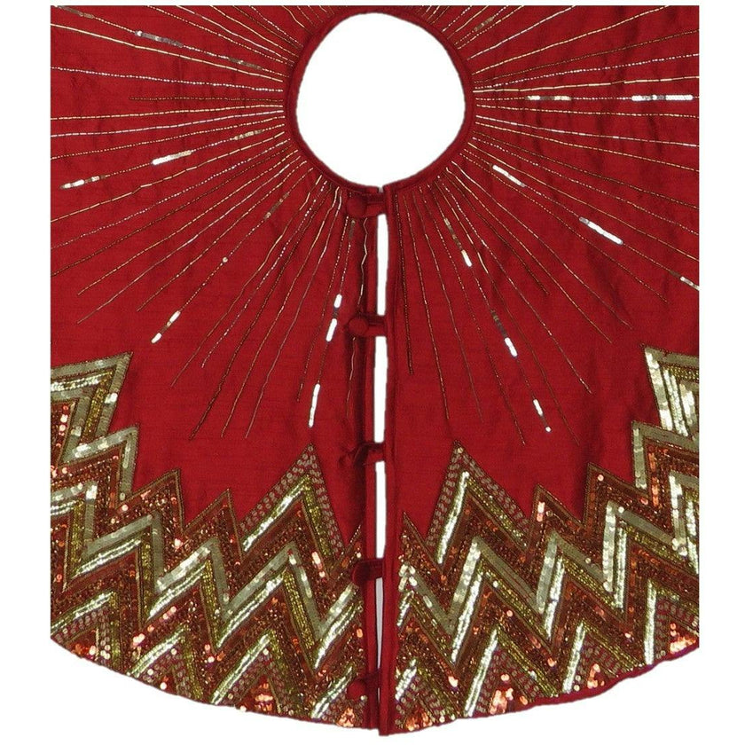 Handmade Christmas Tree Skirt - Hand Beaded Metallic Starburst on Garnet Red- 60"