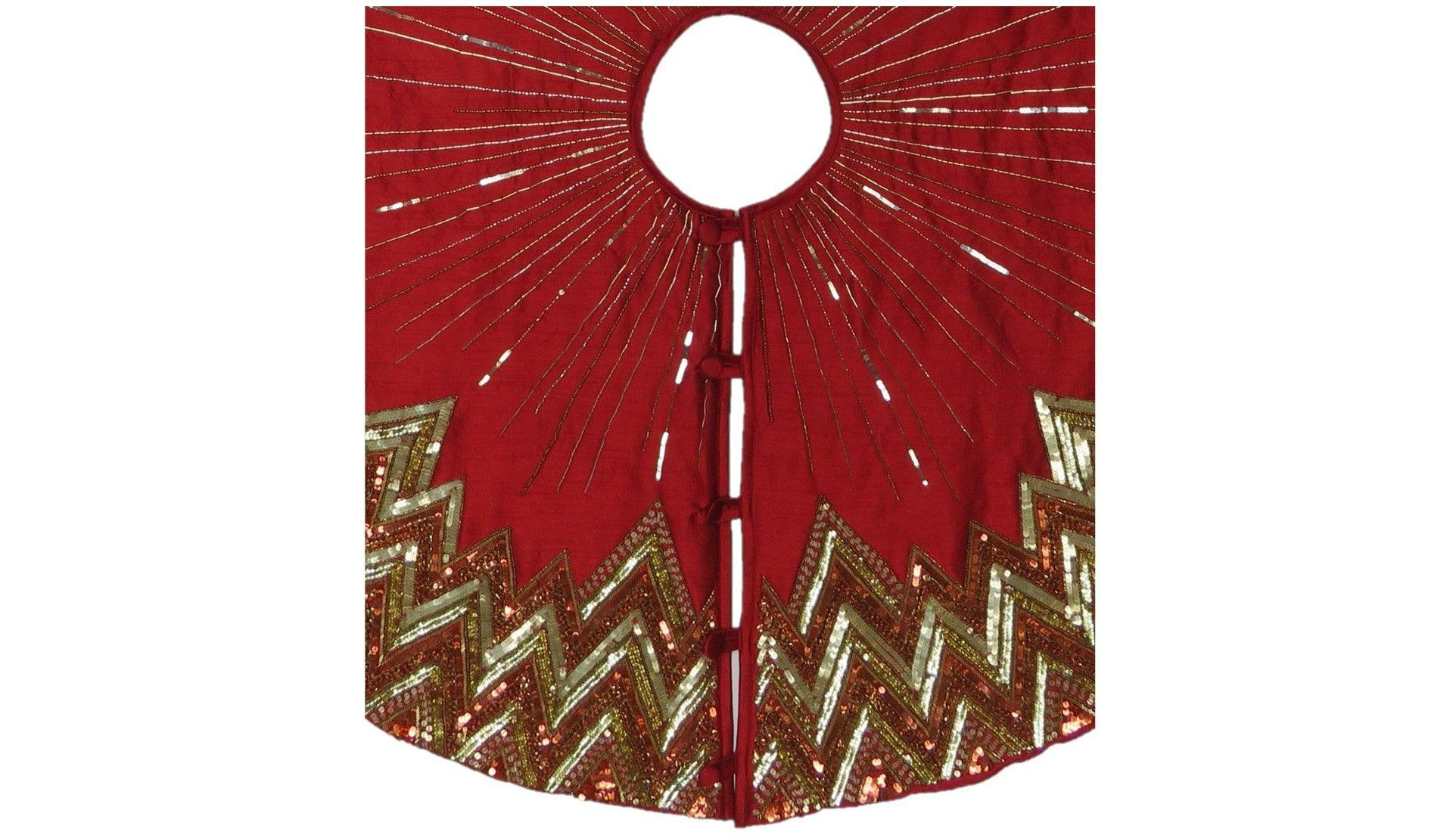 Handmade Christmas Tree Skirt - Hand Beaded Metallic Starburst on Garnet Red- 60