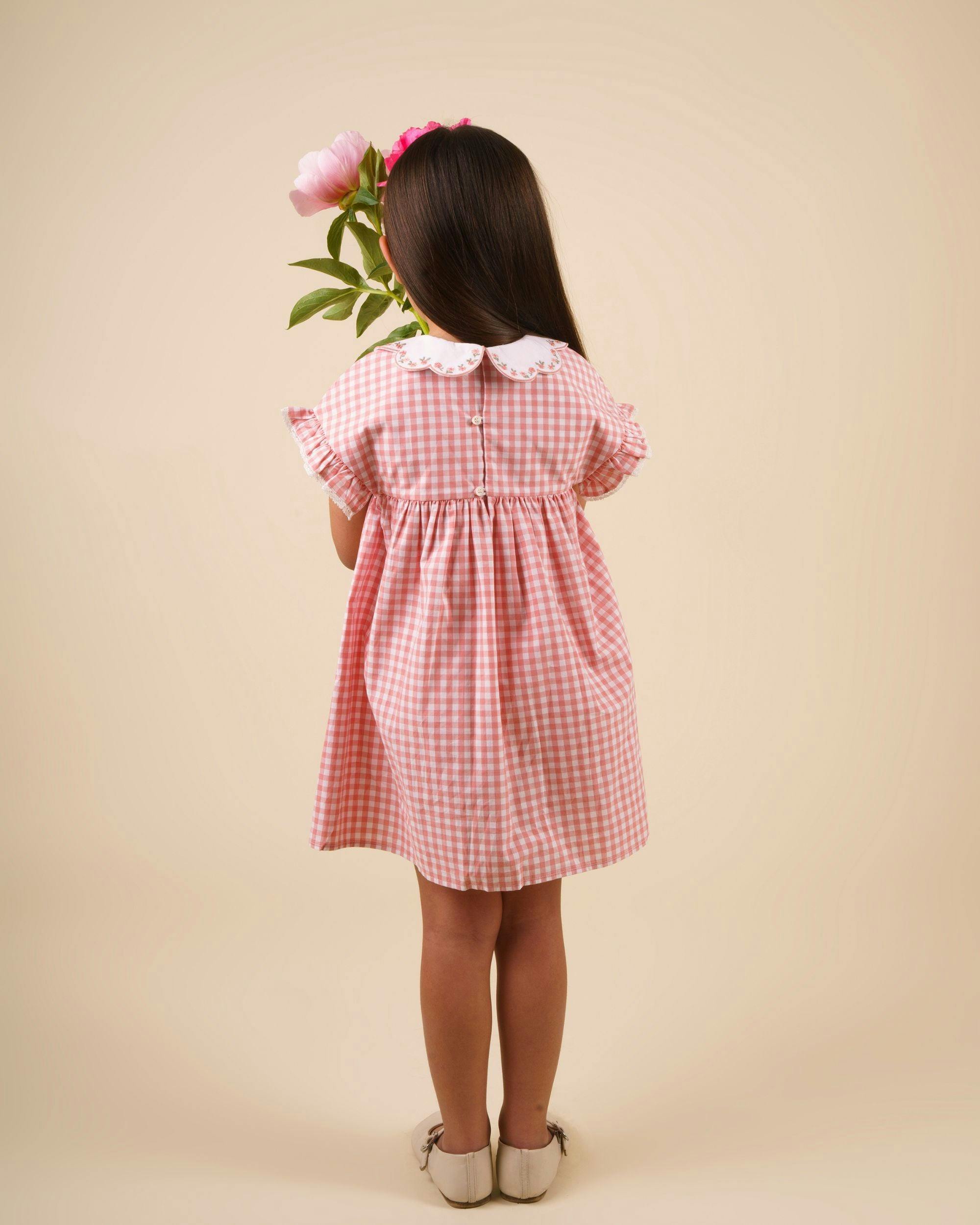 Lila Cotton Gingham Check Dress - Peony