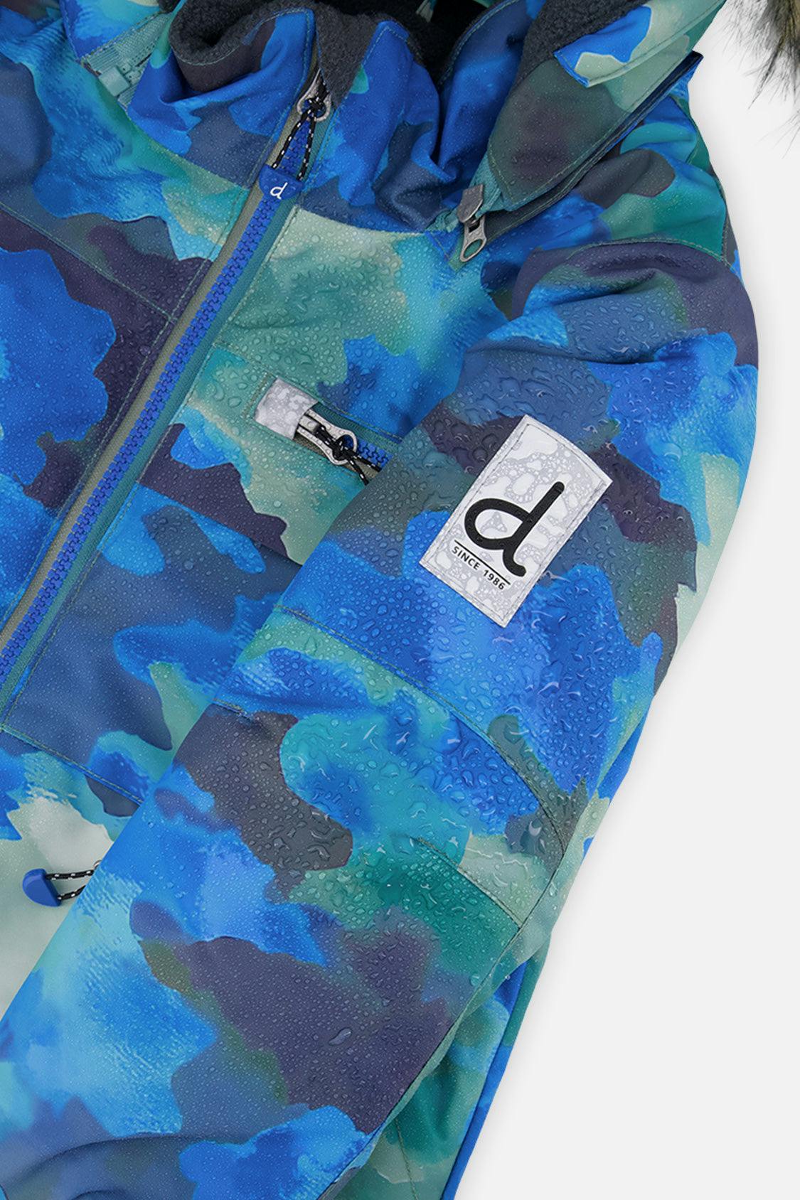 Two Piece Play Snowsuit Blue Camouflage Print With Green Pants