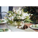 Winter White Magnolia, Pine & Snowberry Christmas Arrangement Centerpiece in Antiqued Silver Metal Urn