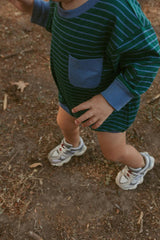 Harley Pocket Romper in Thin June Bug Stripe