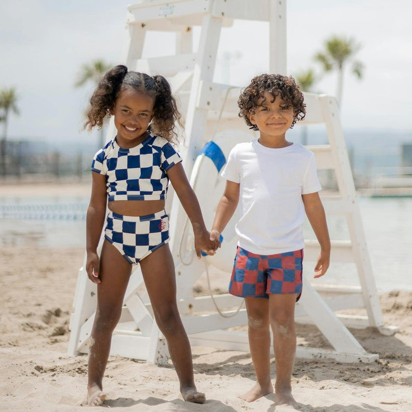 Nautical Checks Two Piece Rashguard Swimsuit / Navy