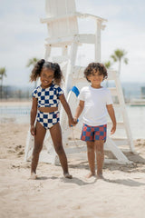 Nautical Checks Two Piece Rashguard Swimsuit / Navy