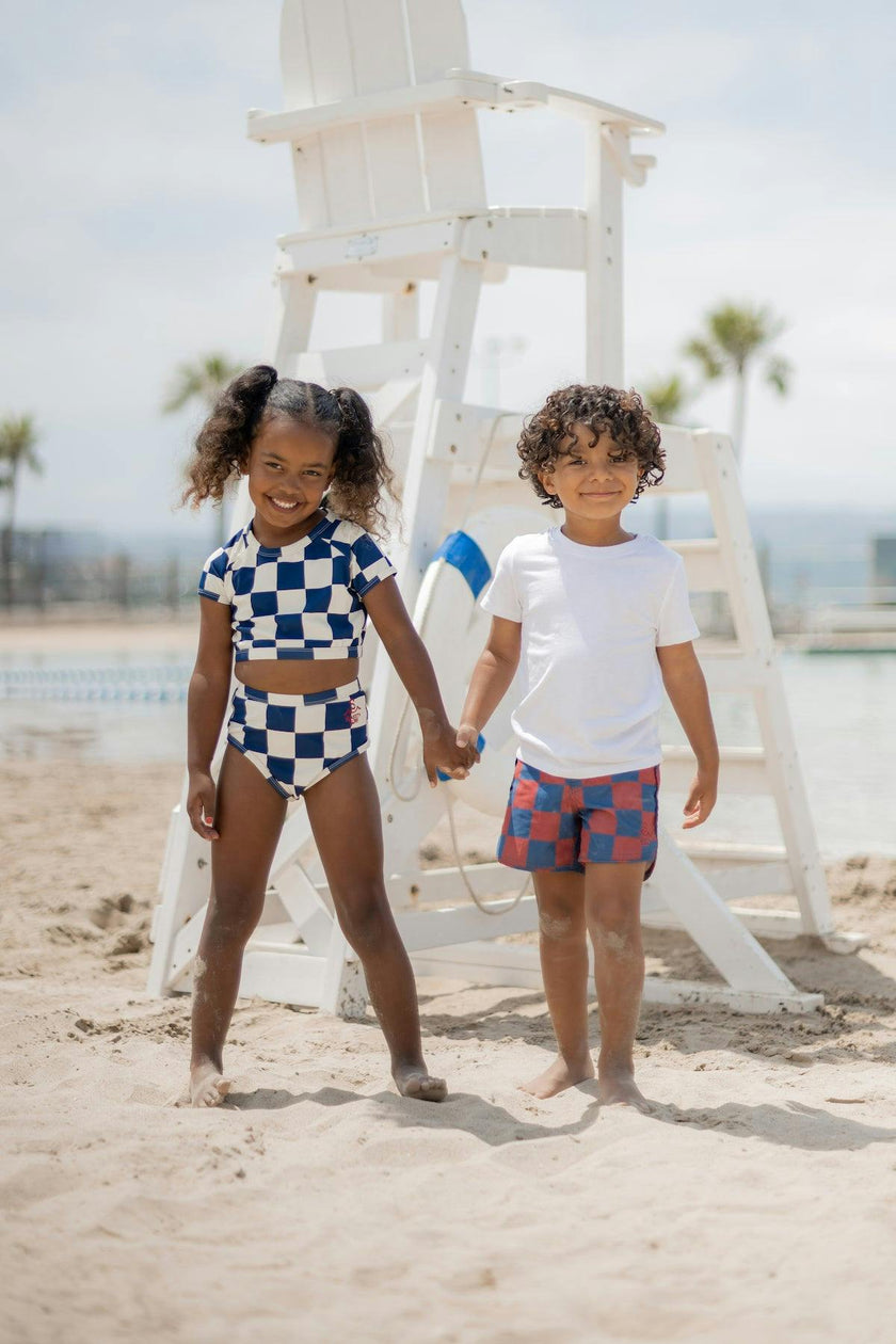 Nautical Checks Two Piece Rashguard Swimsuit / Navy