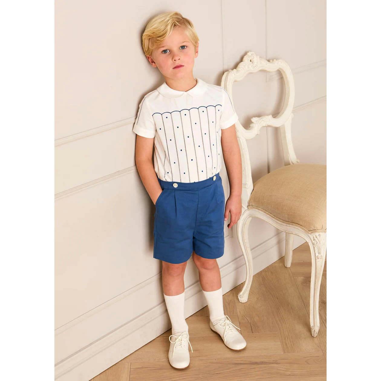 The Matthew Hand Embroidered Openwork Two Piece Set in Navy (18mths-6yrs)