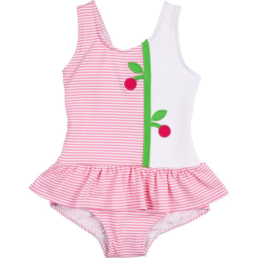 Seersucker Skirted Swimsuit With Cherries