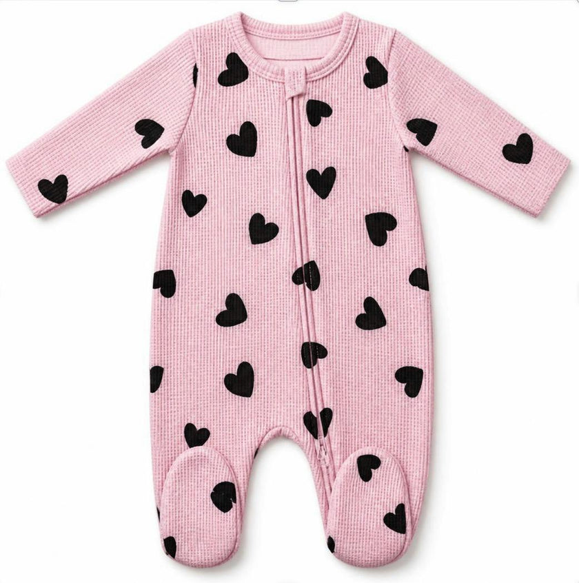 Baby Thermal Footie Chenille Hearts - Pink