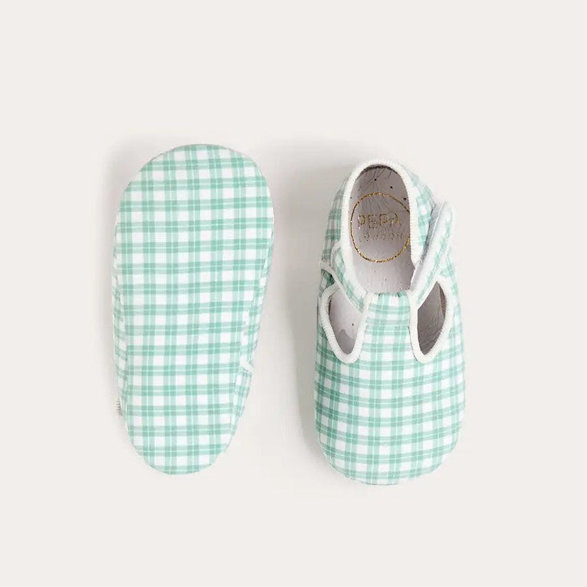 Lucas Check T-Bar Pram Shoes in Green (17-20EU)