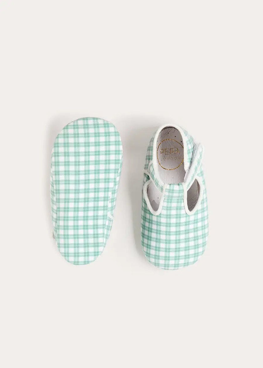 Lucas Check T-Bar Pram Shoes in Green (17-20EU)