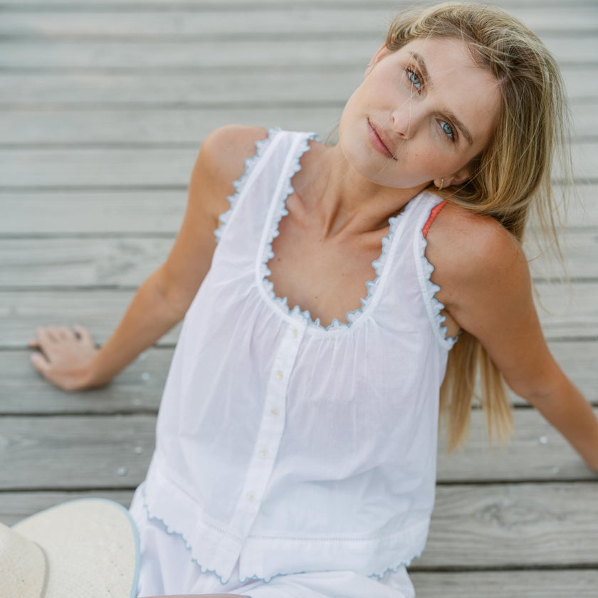 women's white scalloped button up tank