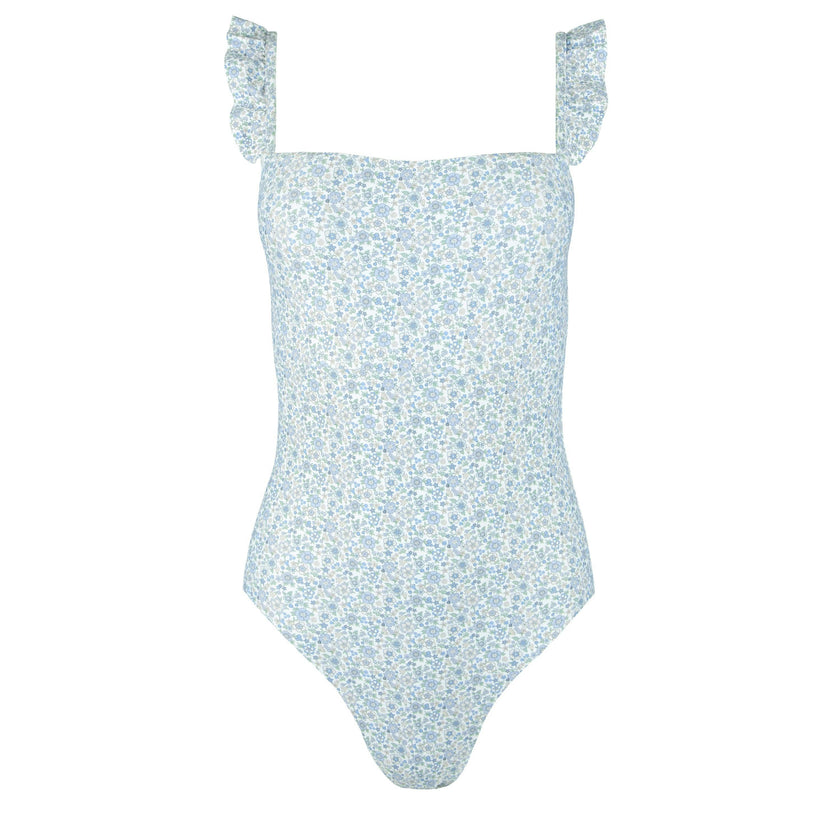 women's slate floral low back ruffle one piece
