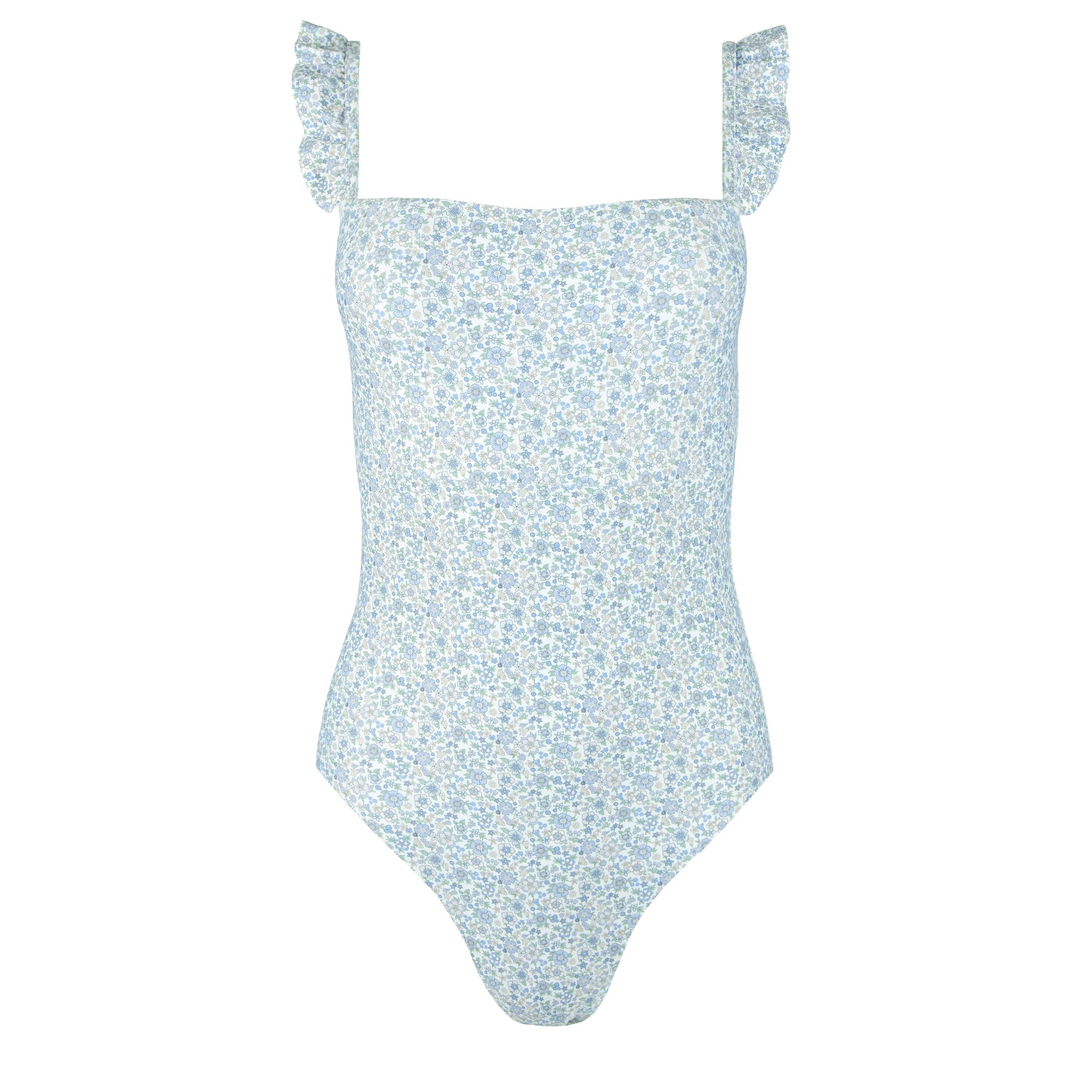 women's slate floral low back ruffle one piece