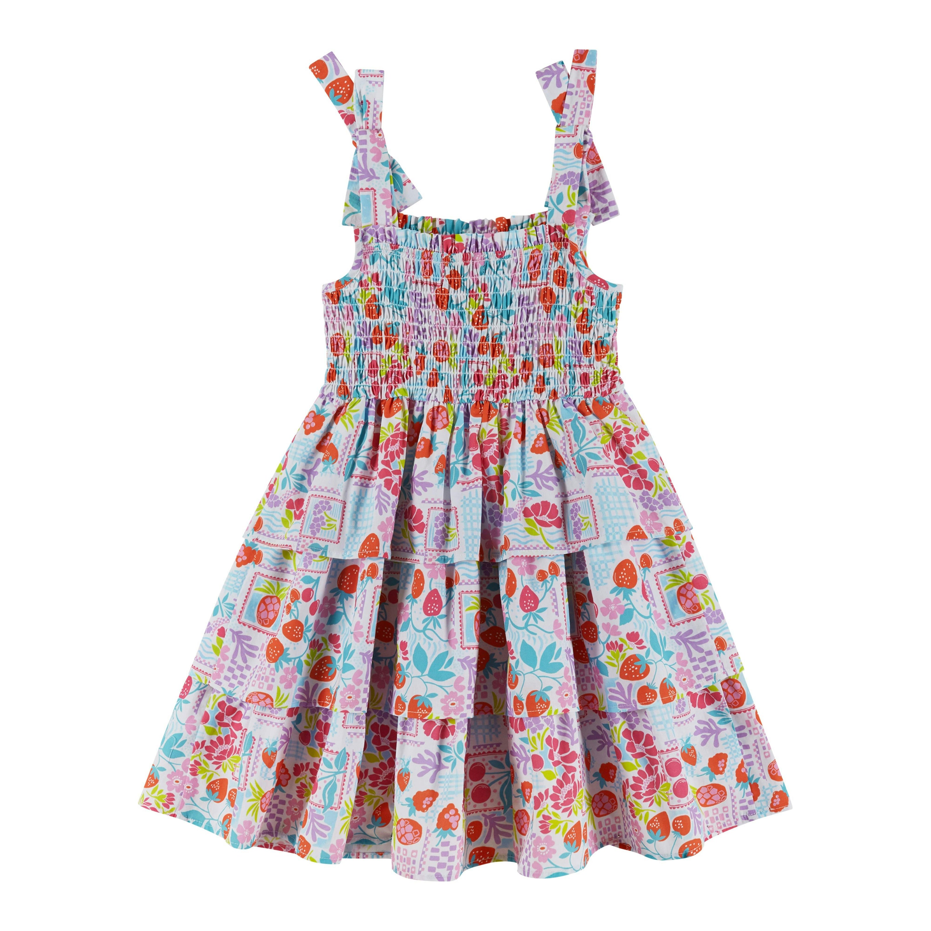 Girls Tiered Poplin Dress | White Strawberry