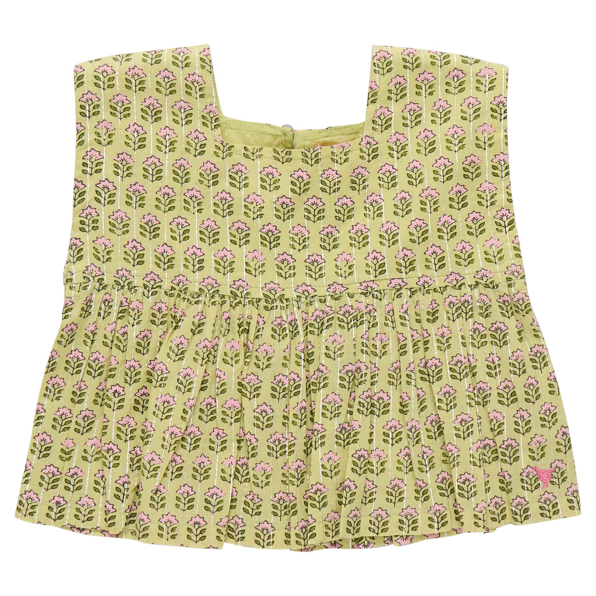 Girls Kamari Top - Green Prairie Block Print