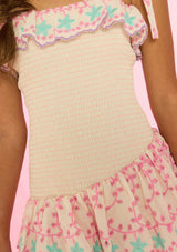 Alanna Shirred Embroidered Mini Dress