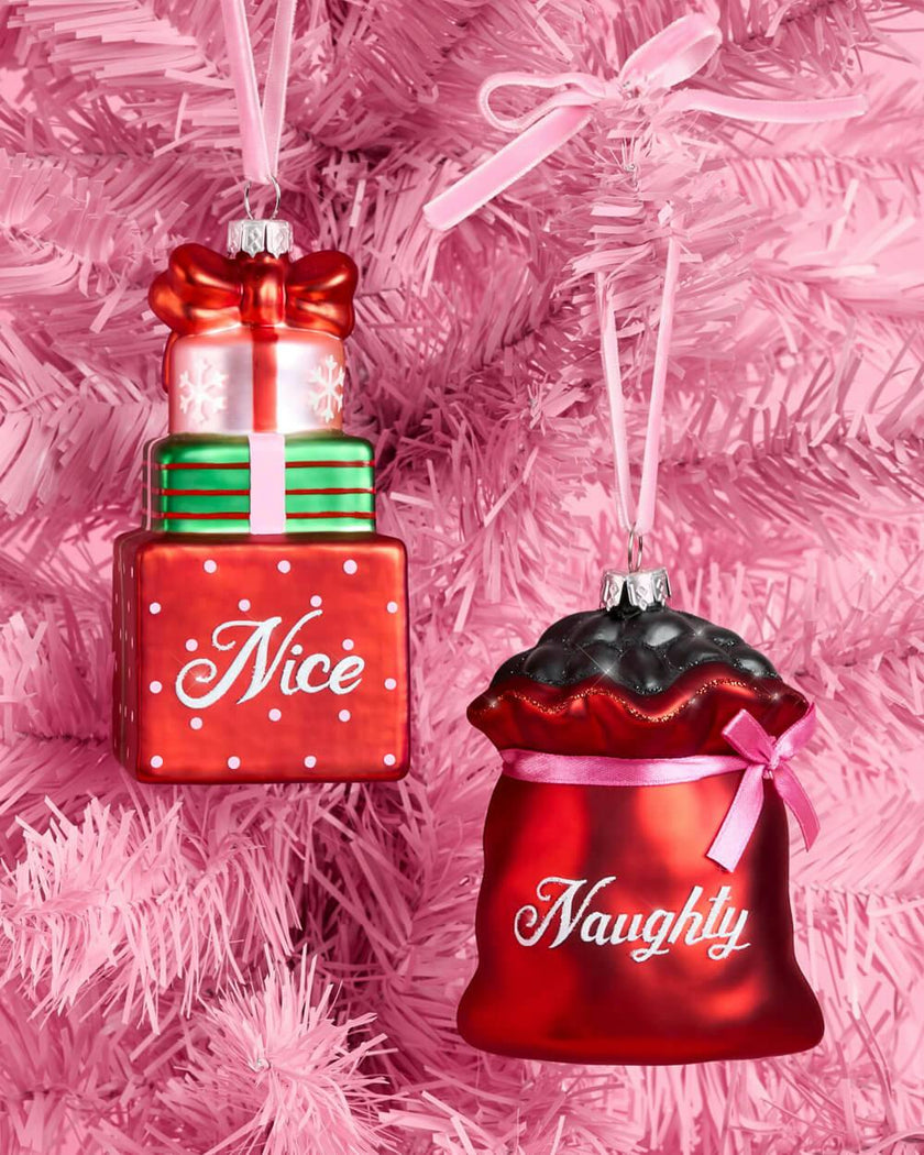 Naughty + Nice Ornament Set - glass ornament duo
