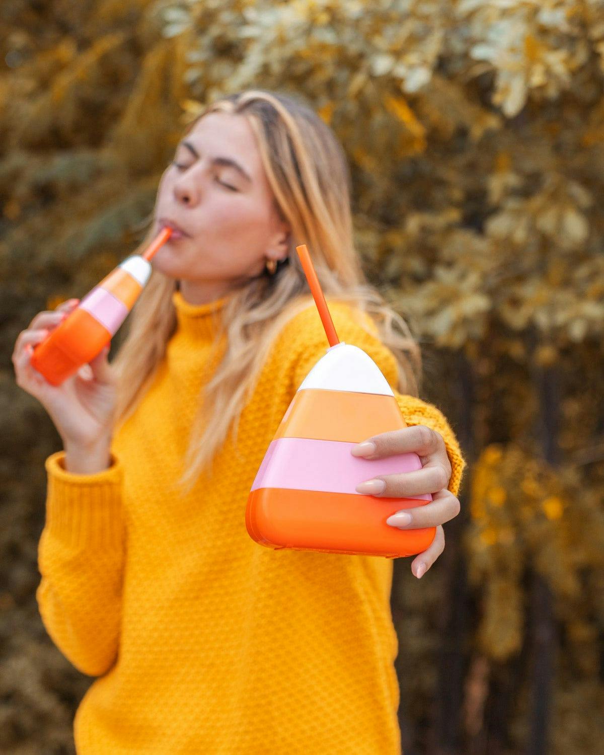 Packed Party Candy Corn Halloween Drink Sippers Set of 2 - 14 oz BPA-Free Novelty Halloween Cups with Straws and Leak-Proof Lids
