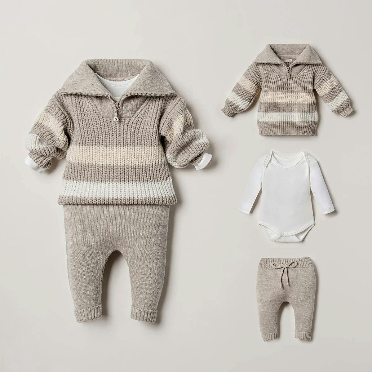 3-Piece Half-Zip Knit Sweater, Bodysuit & Pant Set