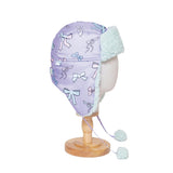 The Cozy Trapper Hat – Bows Print with Pale Aqua Sherpa Liner & Pompoms
